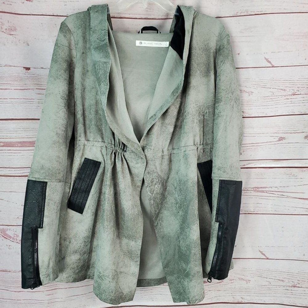 Blank Noir Faux Suede Silk Lined Jacket Coat Hooded Large